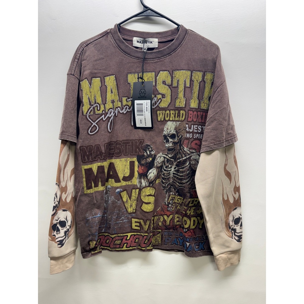 Majestik Long Sleeve T-Shirt Mens Medium Brown Maj Vs Everyone Rhinestone Skulls